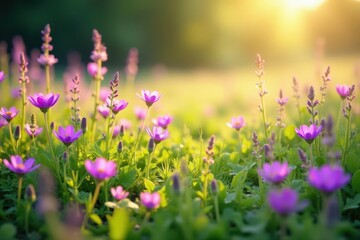 Vibrant purple & pink wildflowers carpet a sun-drenched meadow  ,  wildflower meadow,  serenity