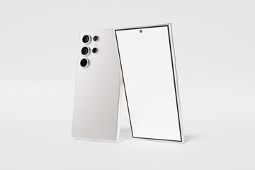 Two smartphones stand on a white background studio