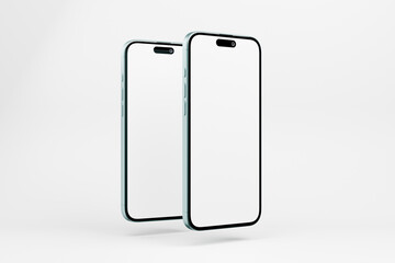 Two modern phones with empty white screens shown.