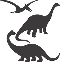 Silhouette of Dinosaurs and Pterodactyl, Black Vector Illustration Featuring Sauropods and Prehistoric Creatures
