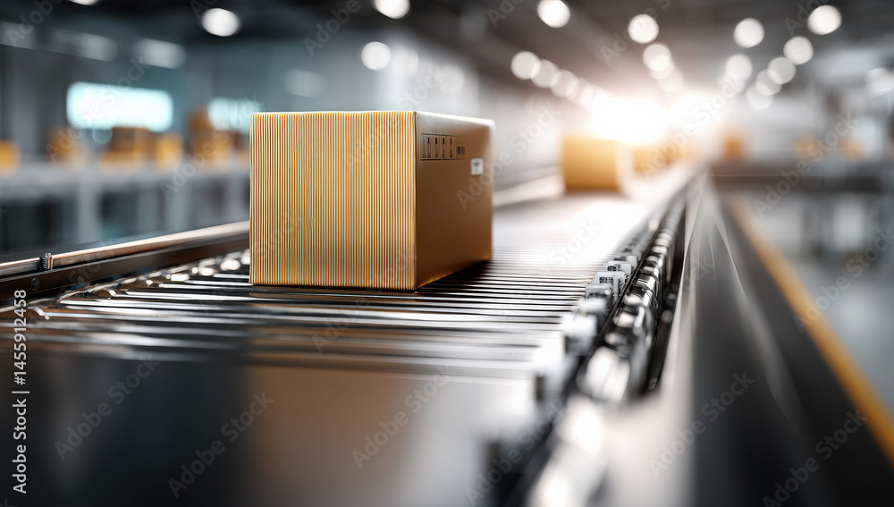 Poster A single cardboard box moves along a modern conveyor belt in a large warehouse facility showcasing efficient automated package handling. : Generative AI