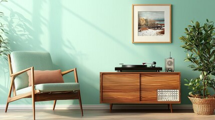 Retro Living Room Turquoise Wall, Wooden Furniture and Plant, Interior Design , Vintage Style