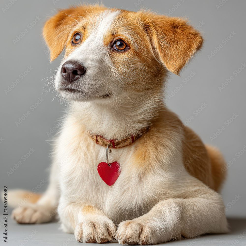 Aufkleber adorable ginger and white puppy dog lying down wearing a red heartshaped tag on its collar looking a