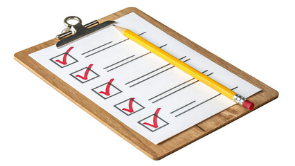 Wooden clipboard featuring a checklist with red ticks, accompanied by a yellow pencil positioned diagonally over the sheet for an organized look, isolated on a transparent background, PNG