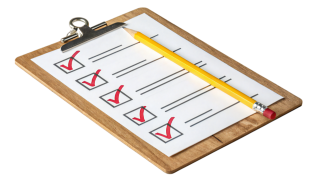 Wooden clipboard featuring a checklist with red ticks, accompanied by a yellow pencil positioned diagonally over the sheet for an organized look, isolated on a transparent background, PNG