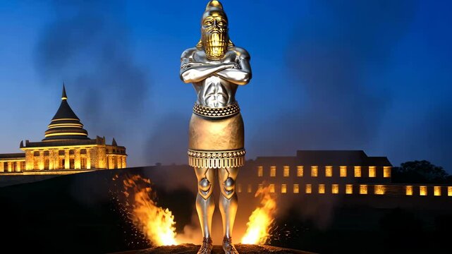 A statue made of various metals dream of an ancient empire king with a building in the background Biblical Prophecies World Empires 4K