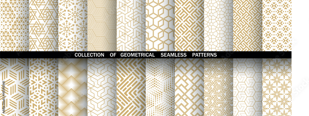 Poster Geometric set of seamless golden and white patterns. Simple vector graphics