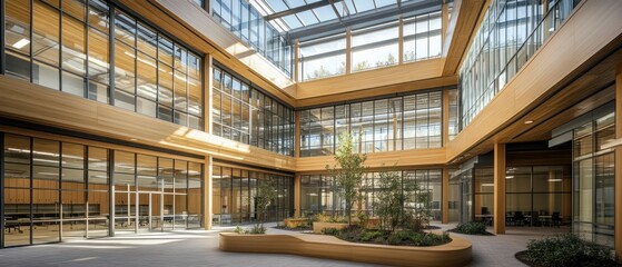 Modern building interior features courtyard with wooden beams and glass ceiling, creating tranquil, light-filled space.