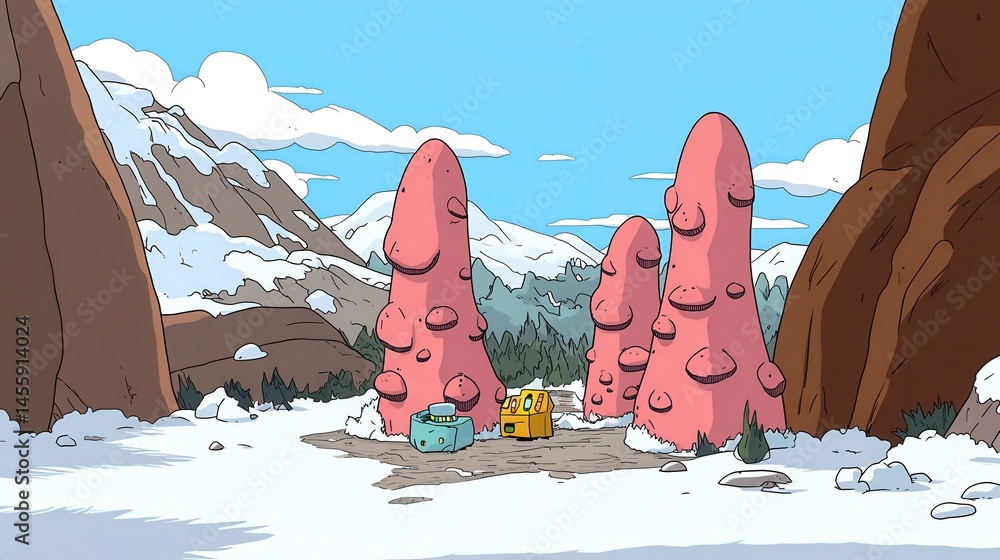 Poster pixelated snowy mountain landscape with fantasy pink trees a cozy yellow cabin adding a unique charm
