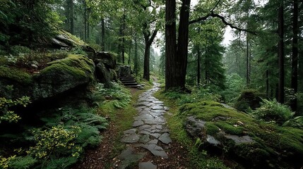 Fototapeta premium Forest green moss carpets the damp earth beneath a canopy of ancient, towering redwood trees.