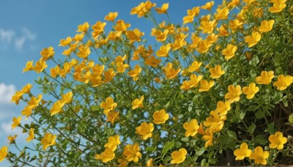 Fototapeta premium Bright yellow and orange Bacopa monnieri blossoms against a vibrant blue sky , bright, horticulture, garden