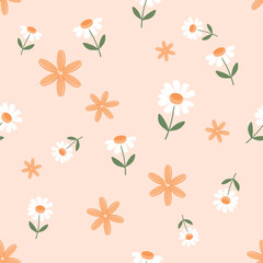 Seamless pattern with daisy chamomile and orange flower on orange background vector.
