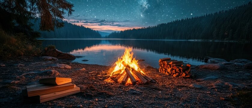Bonfire illuminates shore near calm lake beneath starry night sky providing peaceful serene atmosphere.