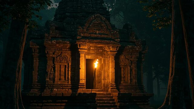 asian ancient temple gateway building with torch in the night