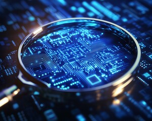 Shallow Depth Highlighting Magnifying Glass Focusing on Glowing Microchip Pathway