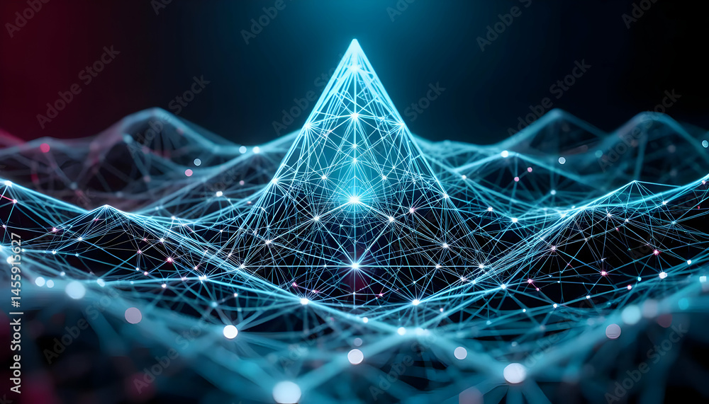 Poster abstract network data visualization glowing blue polygonal landscape with connected nodes and centra