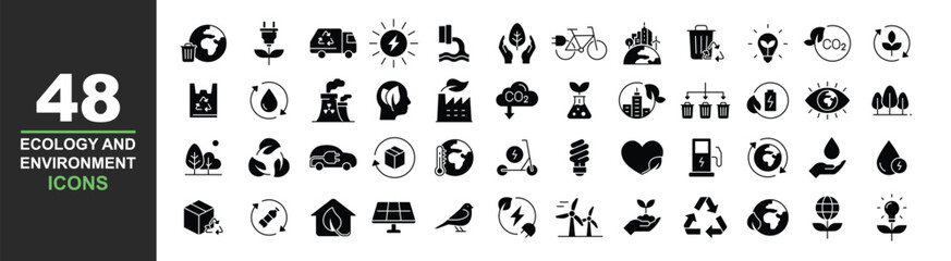 Ecology icons set. Vector illustration in modern solid style of environment related icons: sustainable future, recycling, green energy, and more. Black glyph symbol. Pictograms and infographics © Fourdoty