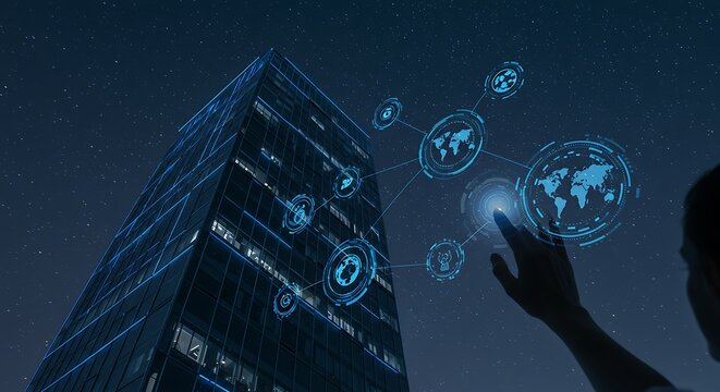 Towering Glass Corporate Building with Holographic Global Networks