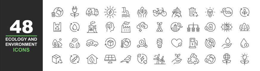 Ecology icons set. Vector illustration in modern thin line style of environment related icons: sustainable future, recycling, green energy, and more. Pictograms and infographics