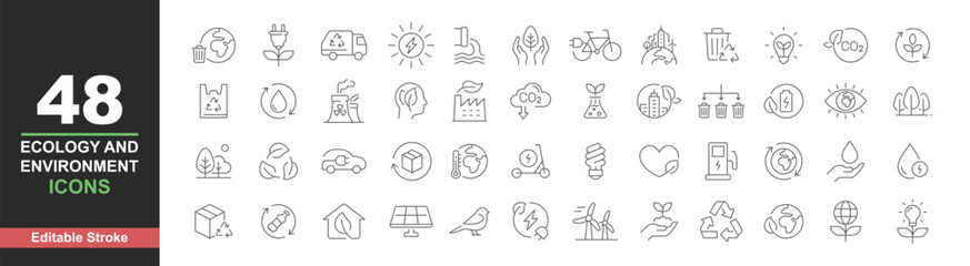 Ecology icons set. Vector illustration in modern thin line style of environment related icons: sustainable future, recycling, green energy, and more. Pictograms and infographics editable stroke