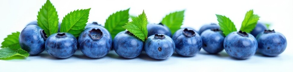 Obraz premium Juicy blueberries with vibrant green leaves on white , berries, colorful