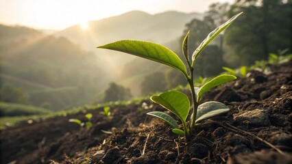 Young Tea Leaf Emerging from Fertile Soil in Warm Sunrise Morning Atmosphere