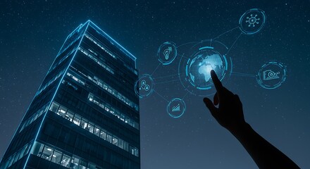 Towering Glass Corporate Building with Holographic Global Networks