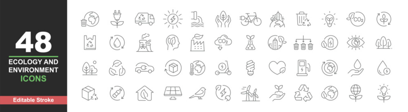 Ecology icons set. Vector illustration in modern thin line style of environment related icons: sustainable future, recycling, green energy, and more. Pictograms and infographics editable stroke