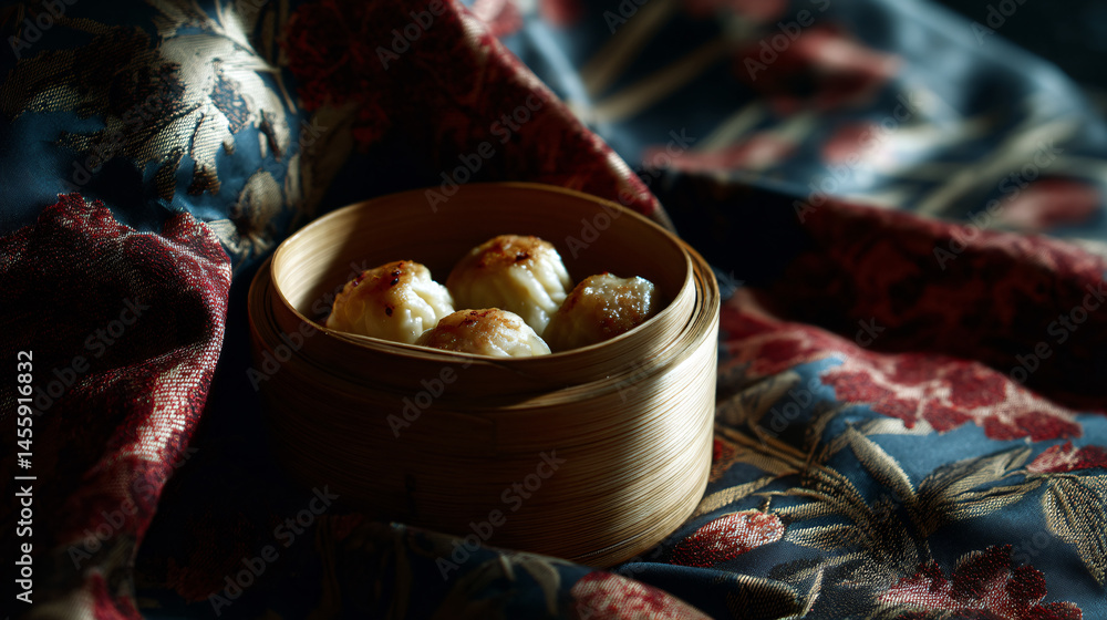 Poster dim sum served in bamboo steamer clam on patterned cloth backdrop.