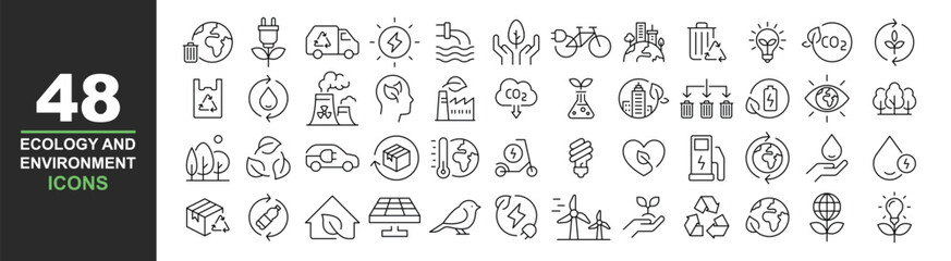 Ecology icons set. Vector illustration in modern thin line style of environment related icons: sustainable future, recycling, green energy, and more. Pictograms and infographics