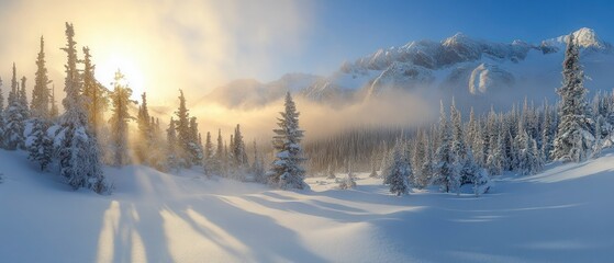 Fototapeta premium Snowy landscape presents majestic mountains partially shrouded in mist behind snow-laden trees under illuminating sun.