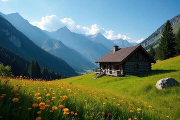 Fototapeta premium Secluded mountain cabin nestled in a vibrant alpine meadow, sun-drenched , photo, peaceful, view