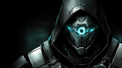 Fototapeta premium Futuristic robot in dark hooded suit glowing cyan lights digital painting