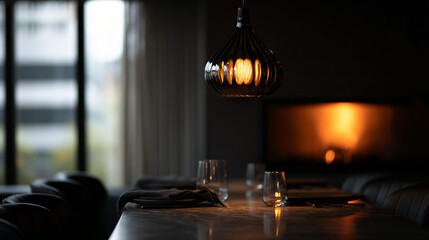 Obraz premium Dimly lit din room with table setting and a sleek pendant lighter overhead.