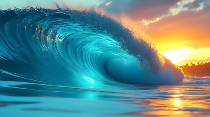 Illuminating ocean waves lapping onto a peaceful beach at sunset with golden and orange hues