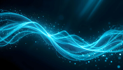 Abstract Blue Wave Energy Flow Glowing Particles and Dynamic Lines, Dark Background