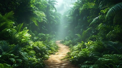 Fototapeta premium Hidden pathways wind through a dense jungle, promising adventure and the discovery of unseen wonders within.