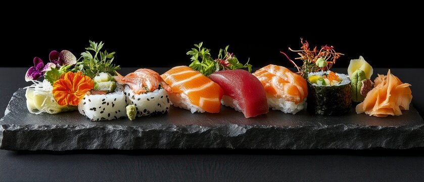 Assortment sushi pieces display various fillings and garnishes on dark slate surface, offering vibrant contrast against backdrop.