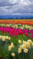 Fototapeta premium Colorful field with tulips and daffodils