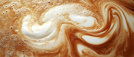 Foamy milk swirls, creating abstract patterns in brewed coffee.
