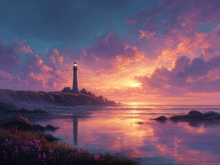 Fototapeta premium Serene Coastal Lighthouse at Sunrise with Calm Waters and Wildflowers