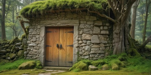 Ancient moss-covered stone building, wooden door, serene forest , ancient, moss