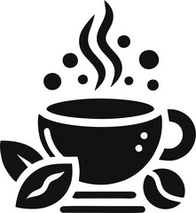 Modern Black and White Coffee Cup Vector Logo with Steam, Coffee Beans, and Leaves – Minimalist Cafe Icon for Branding and Packaging Design