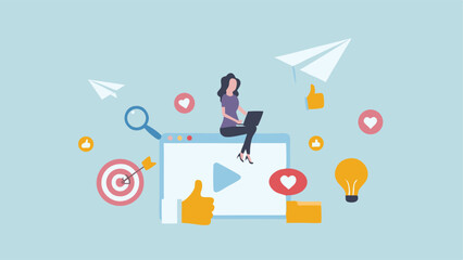Woman creating viral content online achieving goals likes hearts flat design