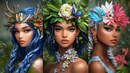 Trilogy of Nature's Enchantresses: A Digital Art Masterpiece