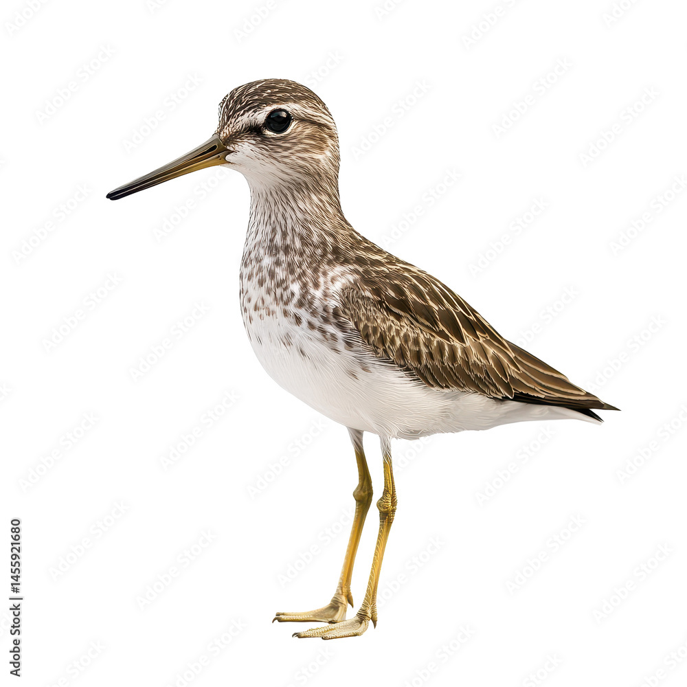 Poster shorebird standing on a white background showcasing intricate feather patterns and slender build