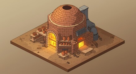 Ancient Kiln: Isometric Illustration of a Traditional Pottery Kiln