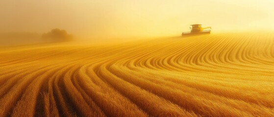 Fototapeta premium Harvester operates within golden wheat field enveloped in morning fog, symbolizing agricultural activity.