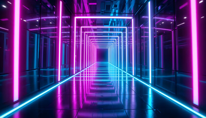 Neon Lights Corridor Futuristic Pink and Blue Glowing Tunnel, Abstract Digital Art, Reflective Surface, 3D Render