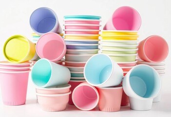 Stack of empty pastel disposable paper cups on white background, colorful,  top view